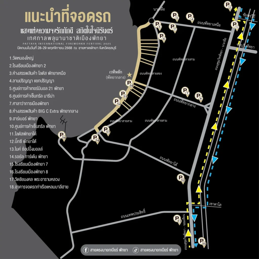 ที่จอดรถงานพลุพัทยา 2568:Pattaya Fireworks 2025เลี่ยงรถติด 2 จุดจอดรถงานพลุพัทยา 2568 และเวลาปิดถนน ล่าสุด!