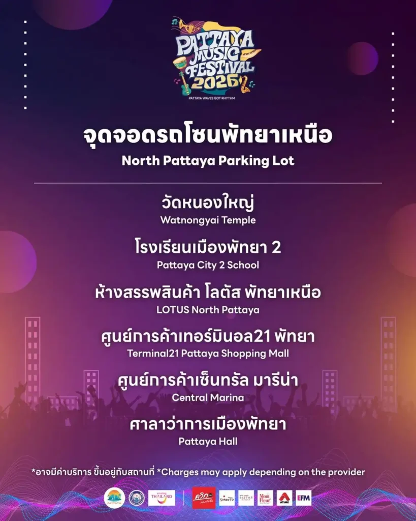 ที่จอดรถ-รถรับส่งฟรี การเดินทาง Pattaya Music Festival 2026 3 แผนที่จุดจอดรถและจุดบริการรถรับส่งฟรี Pattaya Music Festival 2026