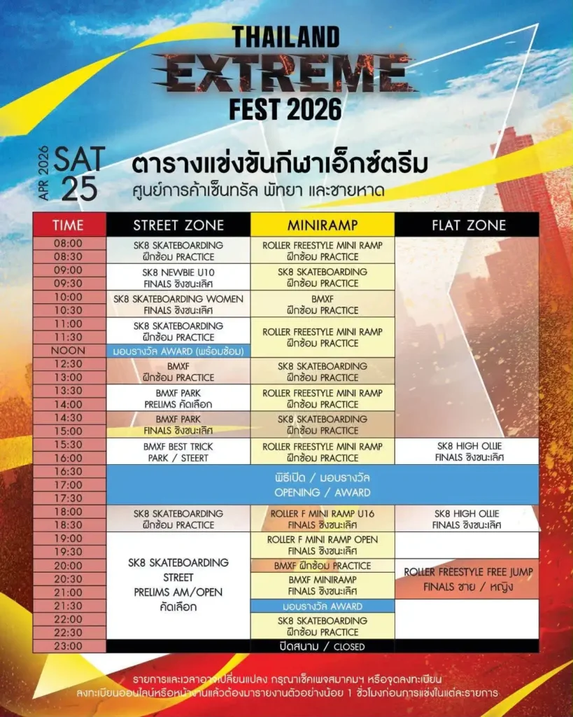 Thailand Extreme Fest 2026 พัทยา ตารางแข่ง Skateboard & BMX 8 Thailand Extreme Fest 2026 พัทยา ตารางแข่ง Skateboard & BMX