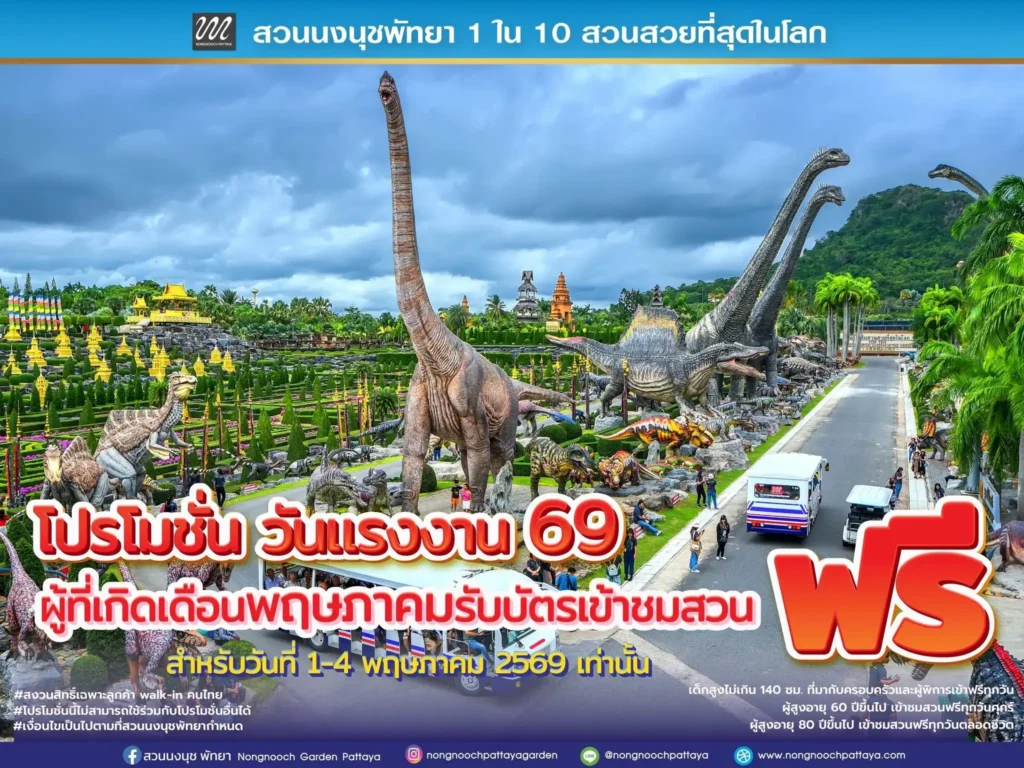 วันแรงงาน 2569 พัทยา 1 พฤษภาคม เที่ยวไหนดี มัดรวมโปรฟรี-ลด 2 เข้าชมสวนนงนุชฟรี