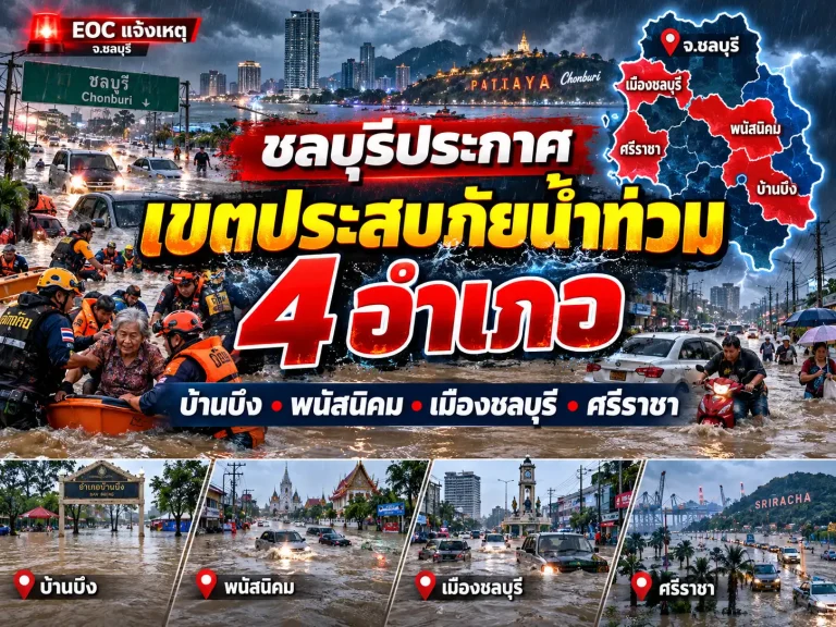 ชลบุรีประกาศเขตประสบภัยน้ำท่วม 4 อำเภอ เช็กรายชื่อพื้นที่และเบอร์แจ้งเหตุ 7 ชลบุรีประกาศเขตประสบภัยน้ำท่วม 4 อำเภอ เช็กพื้นที่ล่าสุด
