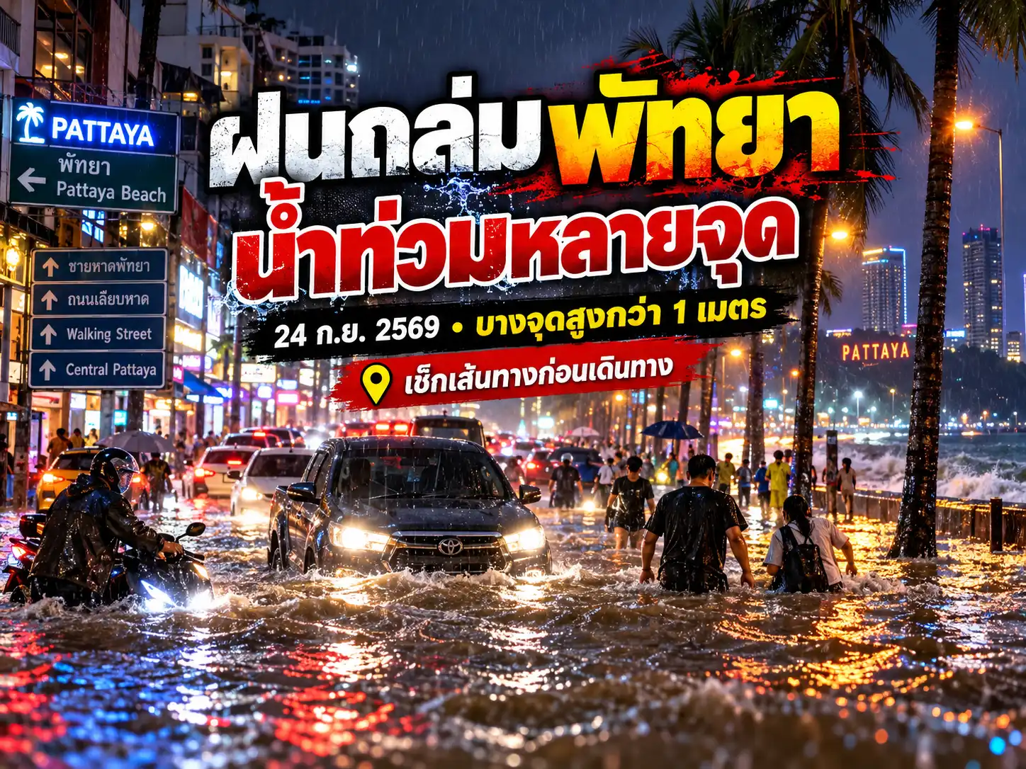 ฝนถล่มพัทยา 24 ก.ย. 2569 น้ำท่วมหลายจุด สูงกว่า 1 เมตร เช็กเส้นทางก่อนเดินทาง 1 น้ำท่วมพัทยา 24 ก.ย. 2569 ฝนหนัก น้ำสูงกว่า 1 เมตร