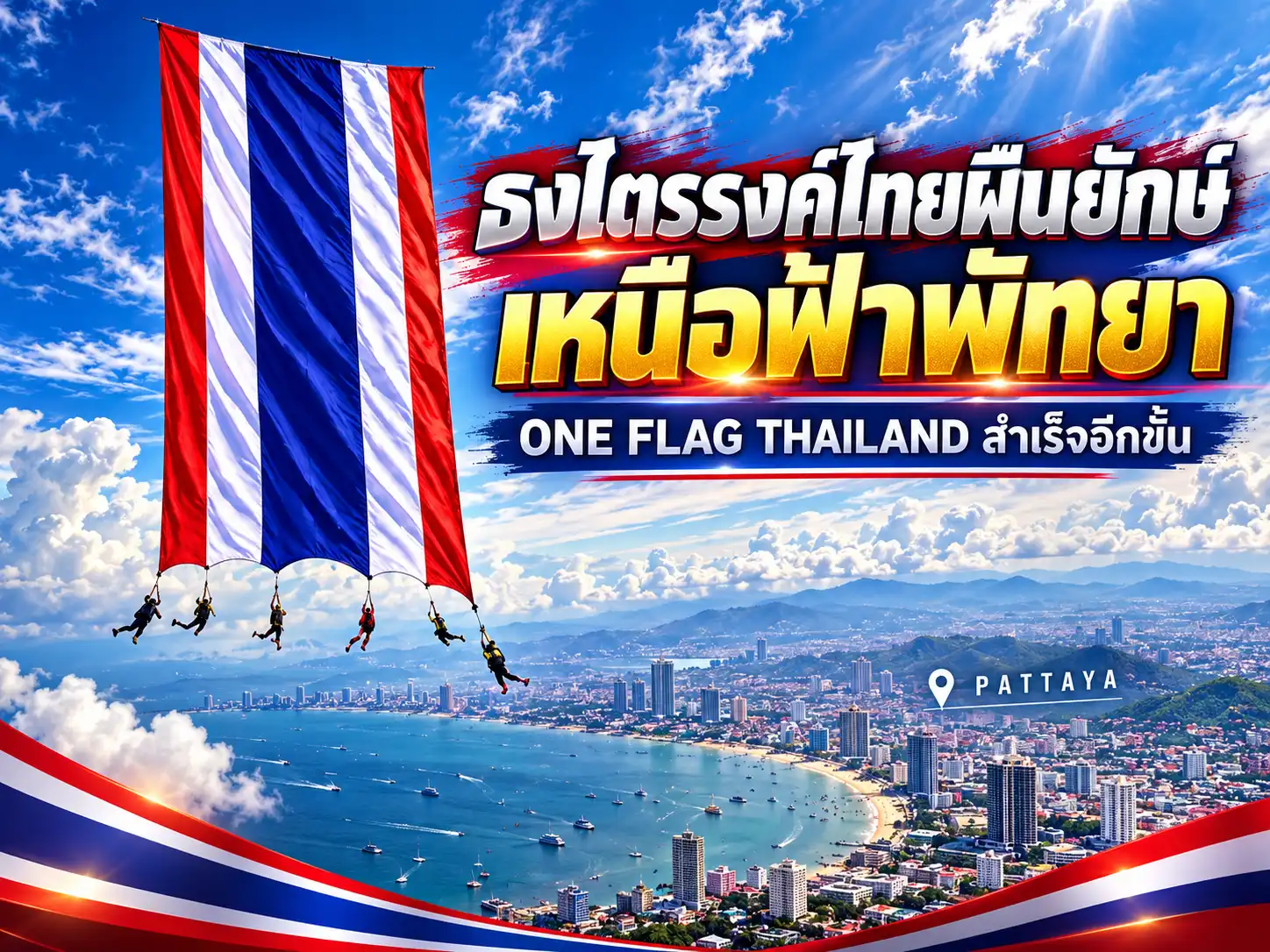 ONE FLAG THAILAND สำเร็จอีกขั้น! กางธงไตรรงค์ 4,303 ตร.ฟุต เหนือฟ้าพัทยา 1 ONE FLAG THAILAND กางธงยักษ์ 4,303 ตร.ฟุตเหนือพัทยาสำเร็จ